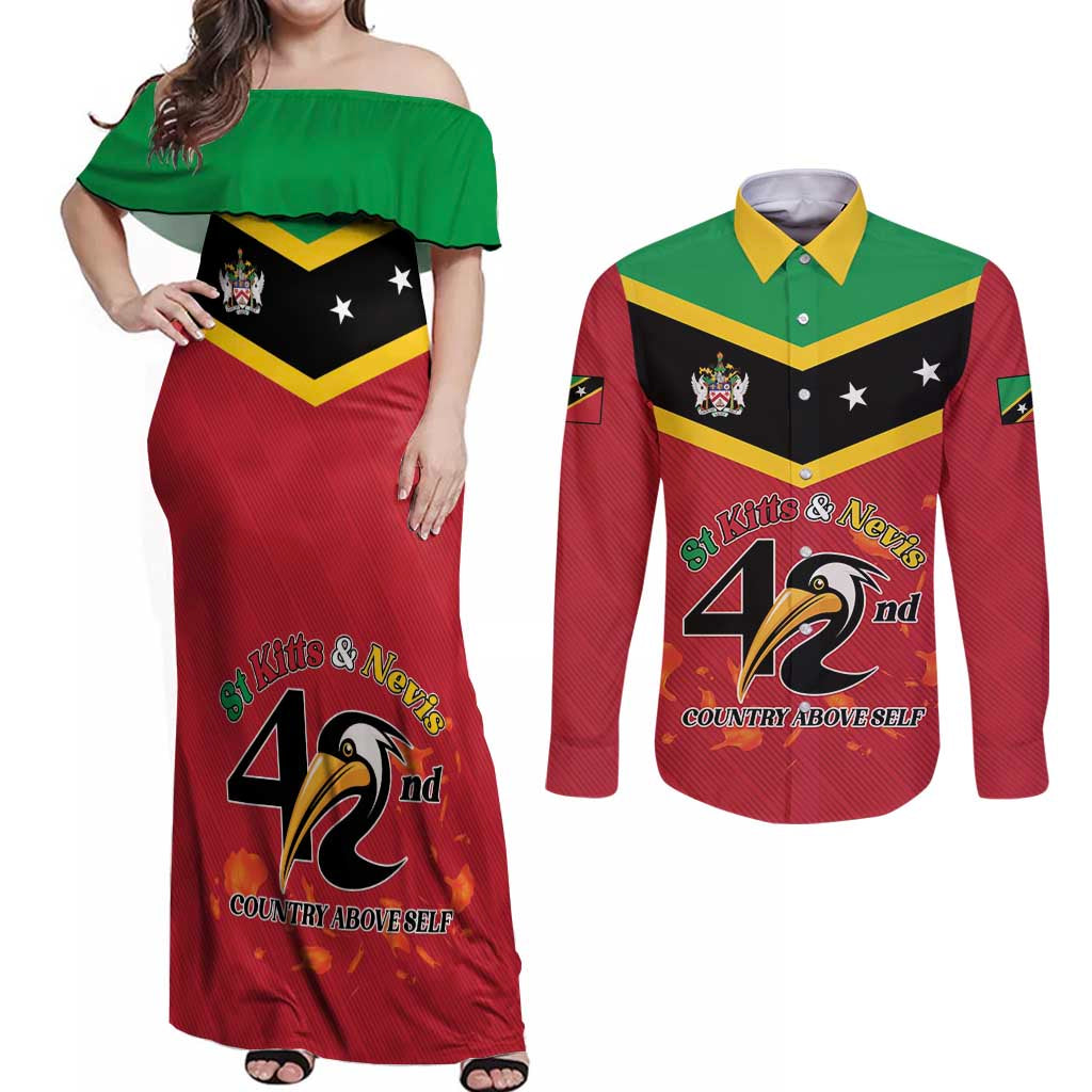 St Kitts and Nevis 42nd Independence Day Couples Matching Off Shoulder Maxi Dress and Long Sleeve Button Shirt Country Above Self LT01