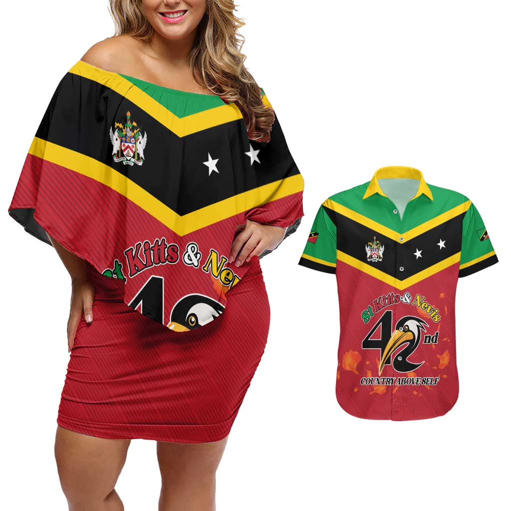 St Kitts and Nevis 42nd Independence Day Couples Matching Off Shoulder Short Dress and Hawaiian Shirt Country Above Self LT01