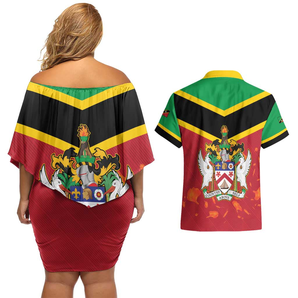 St Kitts and Nevis 42nd Independence Day Couples Matching Off Shoulder Short Dress and Hawaiian Shirt Country Above Self LT01