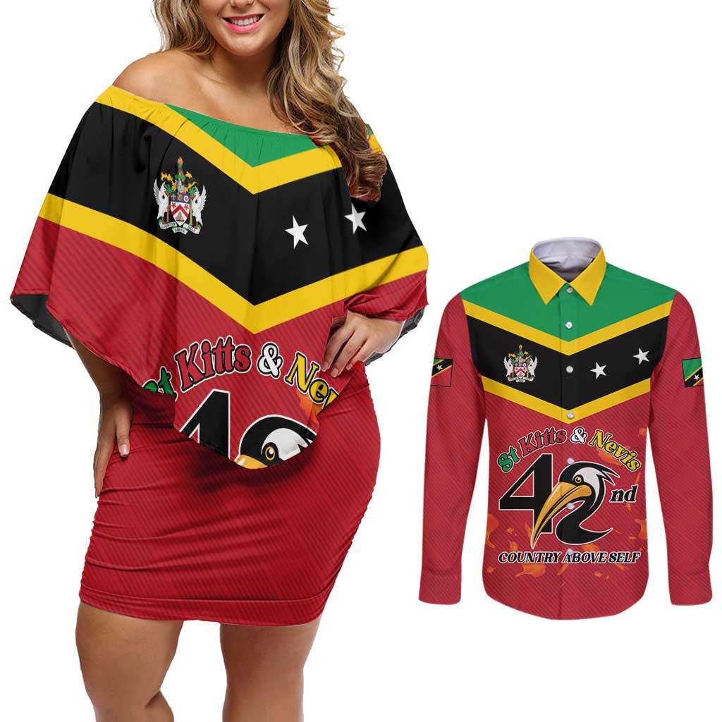 St Kitts and Nevis 42nd Independence Day Couples Matching Off Shoulder Short Dress and Long Sleeve Button Shirt Country Above Self LT01