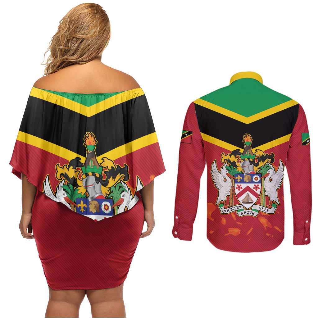 St Kitts and Nevis 42nd Independence Day Couples Matching Off Shoulder Short Dress and Long Sleeve Button Shirt Country Above Self LT01