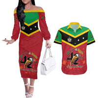 St Kitts and Nevis 42nd Independence Day Couples Matching Off The Shoulder Long Sleeve Dress and Hawaiian Shirt Country Above Self LT01