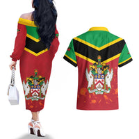 St Kitts and Nevis 42nd Independence Day Couples Matching Off The Shoulder Long Sleeve Dress and Hawaiian Shirt Country Above Self LT01