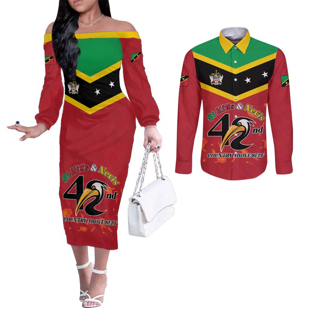 St Kitts and Nevis 42nd Independence Day Couples Matching Off The Shoulder Long Sleeve Dress and Long Sleeve Button Shirt Country Above Self LT01