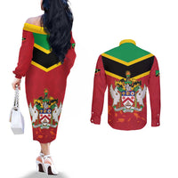 St Kitts and Nevis 42nd Independence Day Couples Matching Off The Shoulder Long Sleeve Dress and Long Sleeve Button Shirt Country Above Self LT01