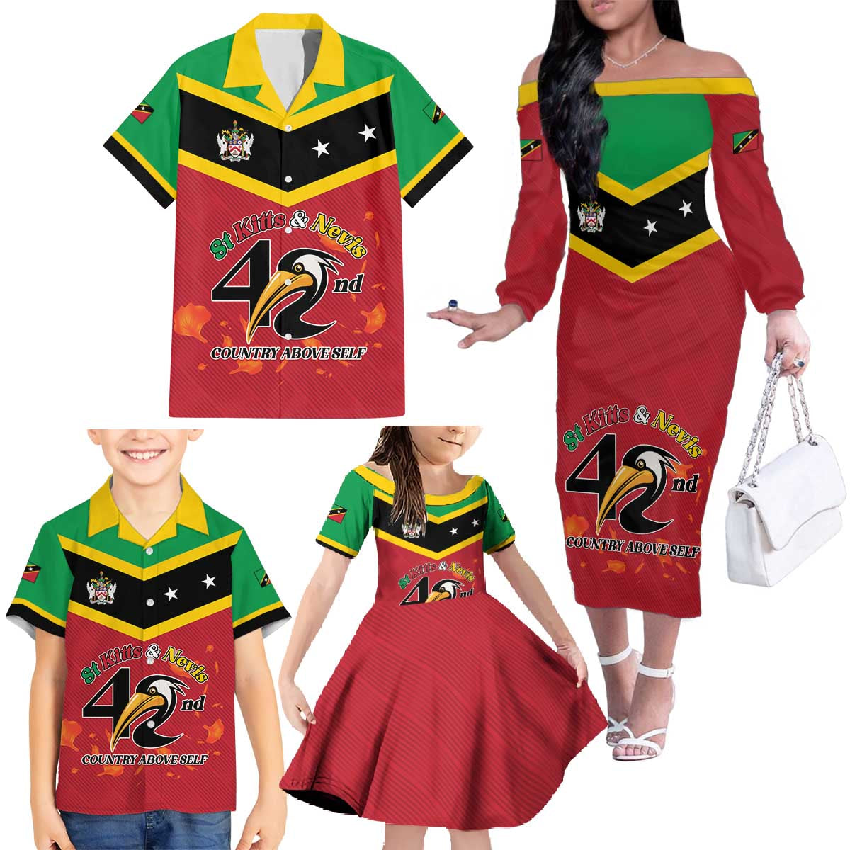 St Kitts and Nevis 42nd Independence Day Family Matching Off The Shoulder Long Sleeve Dress and Hawaiian Shirt Country Above Self LT01