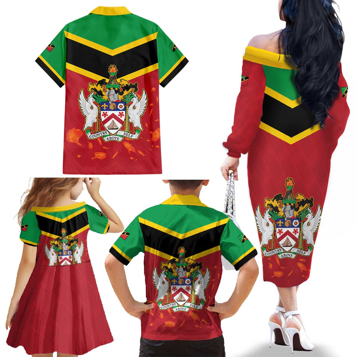 St Kitts and Nevis 42nd Independence Day Family Matching Off The Shoulder Long Sleeve Dress and Hawaiian Shirt Country Above Self LT01