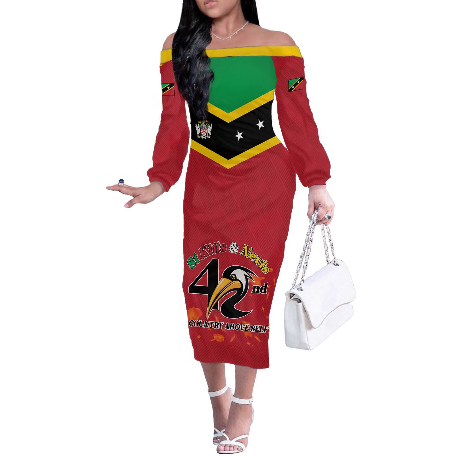 St Kitts and Nevis 42nd Independence Day Off The Shoulder Long Sleeve Dress Country Above Self LT01