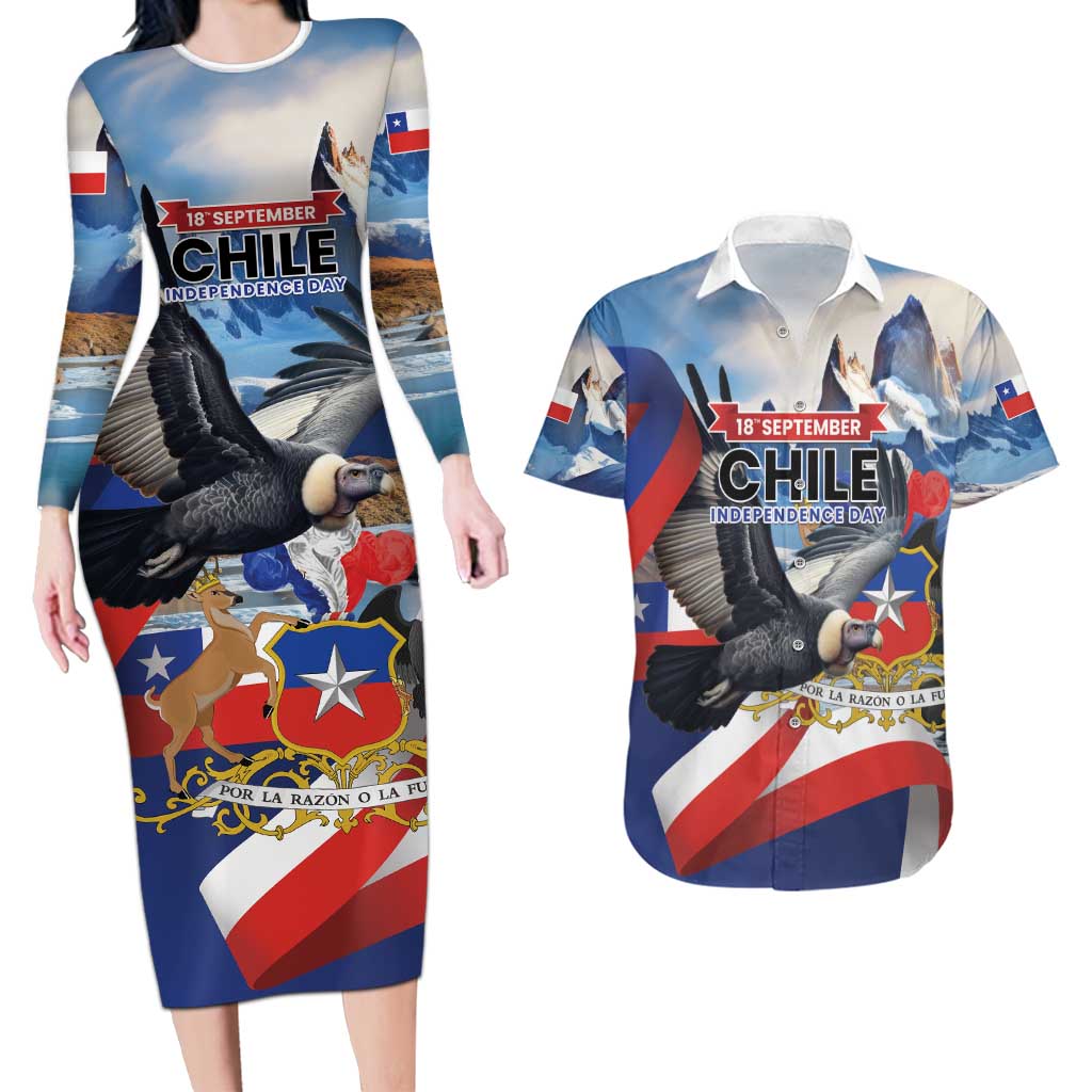 Personalized Chile Independence Day 18th September Couples Matching Long Sleeve Bodycon Dress and Hawaiian Shirt Andean Condor Flying - Wonder Print Shop