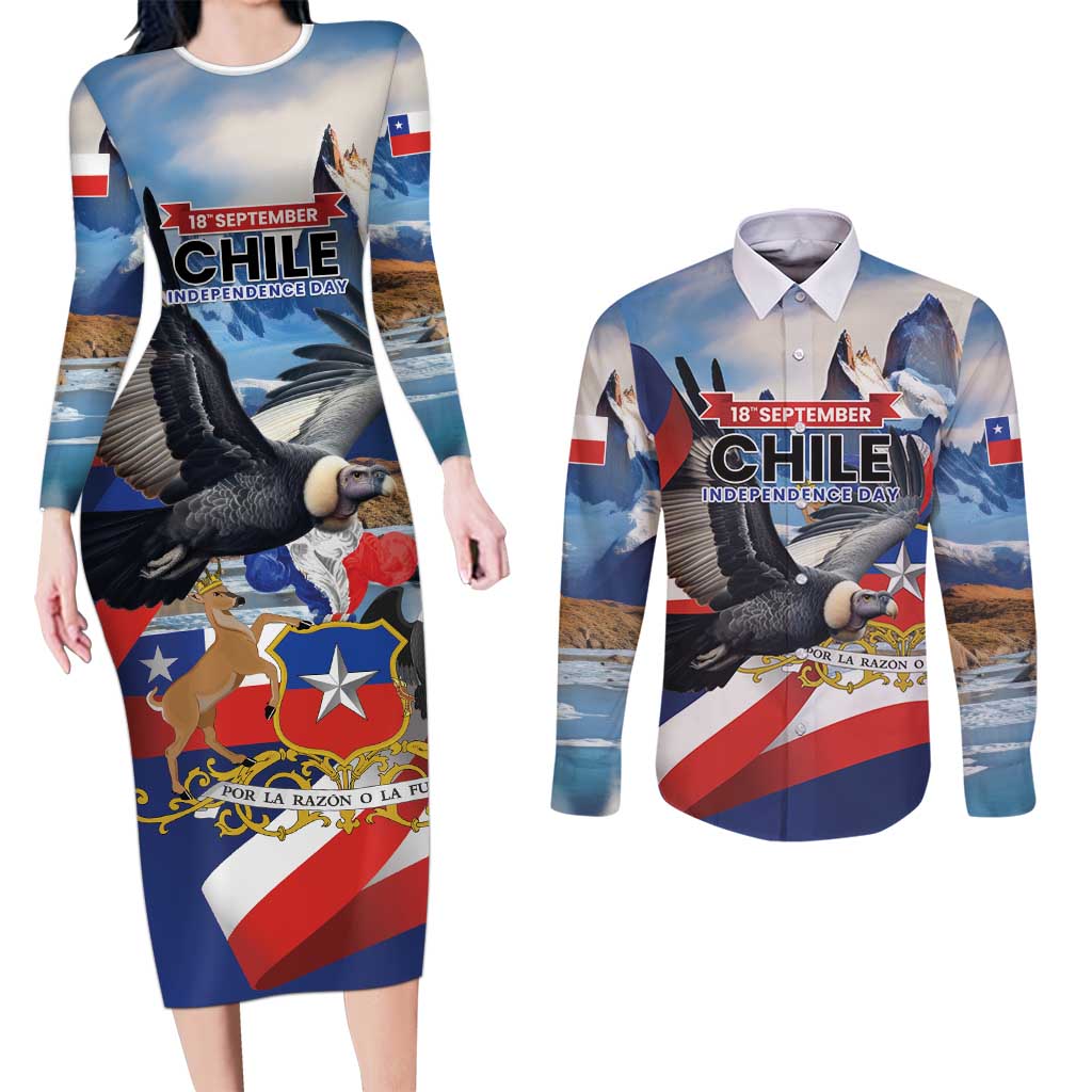 Personalized Chile Independence Day 18th September Couples Matching Long Sleeve Bodycon Dress and Long Sleeve Button Shirt Andean Condor Flying - Wonder Print Shop