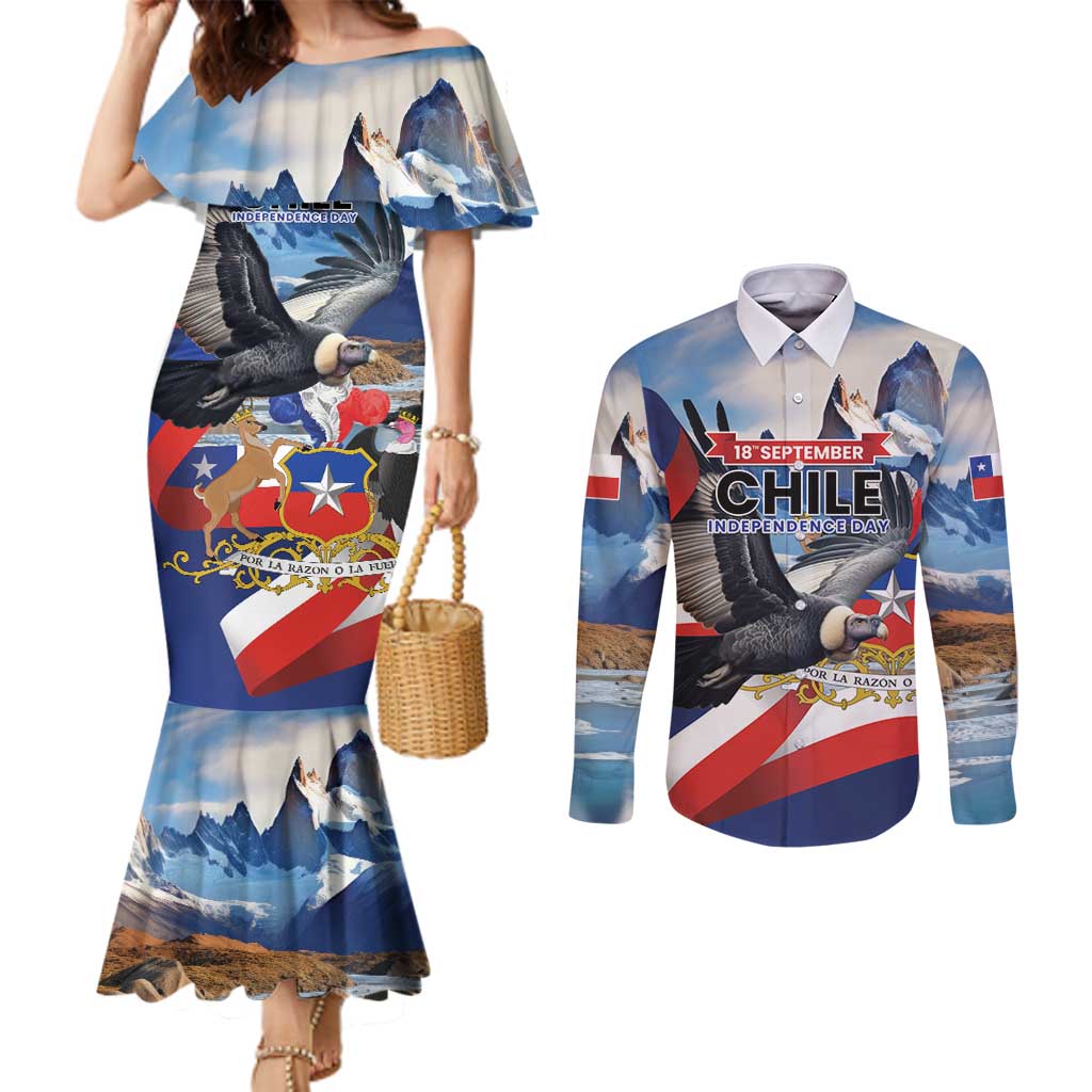 Personalized Chile Independence Day 18th September Couples Matching Mermaid Dress and Long Sleeve Button Shirt Andean Condor Flying - Wonder Print Shop