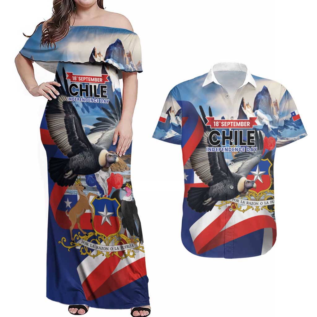 Personalized Chile Independence Day 18th September Couples Matching Off Shoulder Maxi Dress and Hawaiian Shirt Andean Condor Flying - Wonder Print Shop