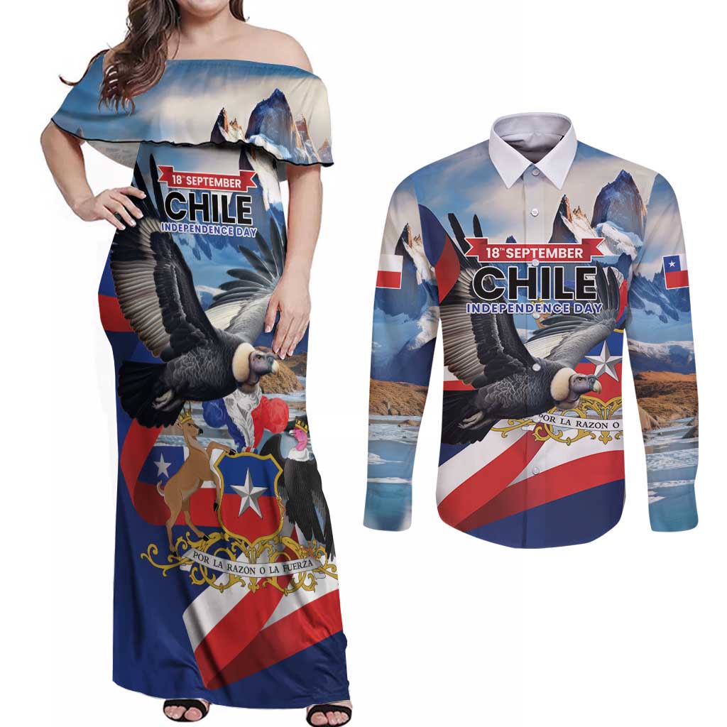 Personalized Chile Independence Day 18th September Couples Matching Off Shoulder Maxi Dress and Long Sleeve Button Shirt Andean Condor Flying - Wonder Print Shop