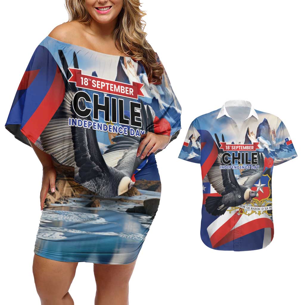 Personalized Chile Independence Day 18th September Couples Matching Off Shoulder Short Dress and Hawaiian Shirt Andean Condor Flying - Wonder Print Shop