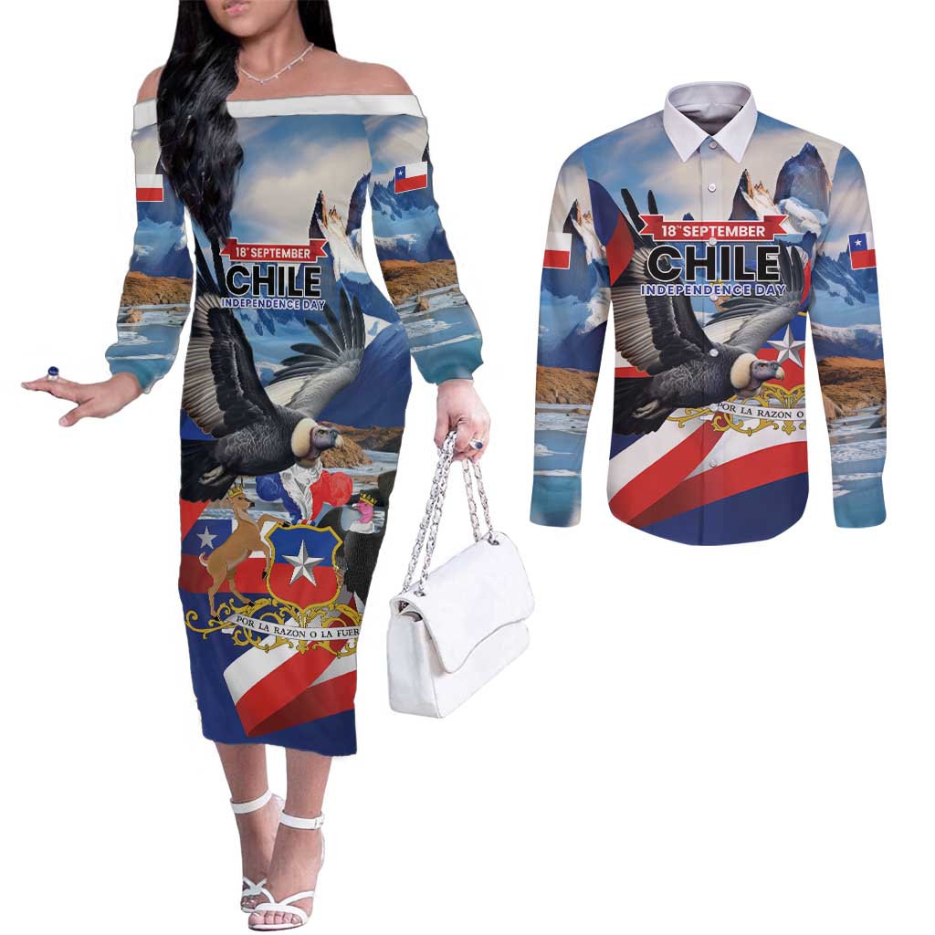 Personalized Chile Independence Day 18th September Couples Matching Off The Shoulder Long Sleeve Dress and Long Sleeve Button Shirt Andean Condor Flying - Wonder Print Shop