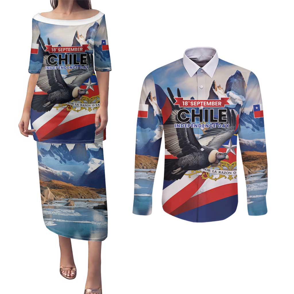 Personalized Chile Independence Day 18th September Couples Matching Puletasi and Long Sleeve Button Shirt Andean Condor Flying - Wonder Print Shop