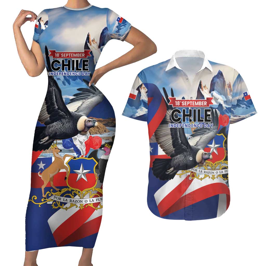 Personalized Chile Independence Day 18th September Couples Matching Short Sleeve Bodycon Dress and Hawaiian Shirt Andean Condor Flying - Wonder Print Shop