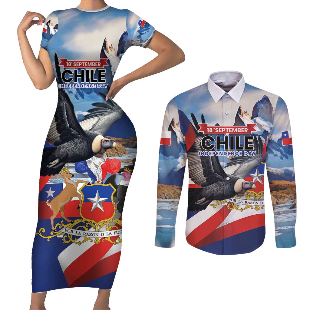 Personalized Chile Independence Day 18th September Couples Matching Short Sleeve Bodycon Dress and Long Sleeve Button Shirt Andean Condor Flying - Wonder Print Shop
