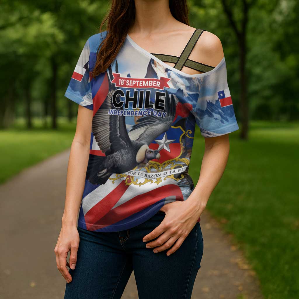 Personalized Chile Independence Day 18th September Cross Shoulder Shirt Andean Condor Flying - Wonder Print Shop