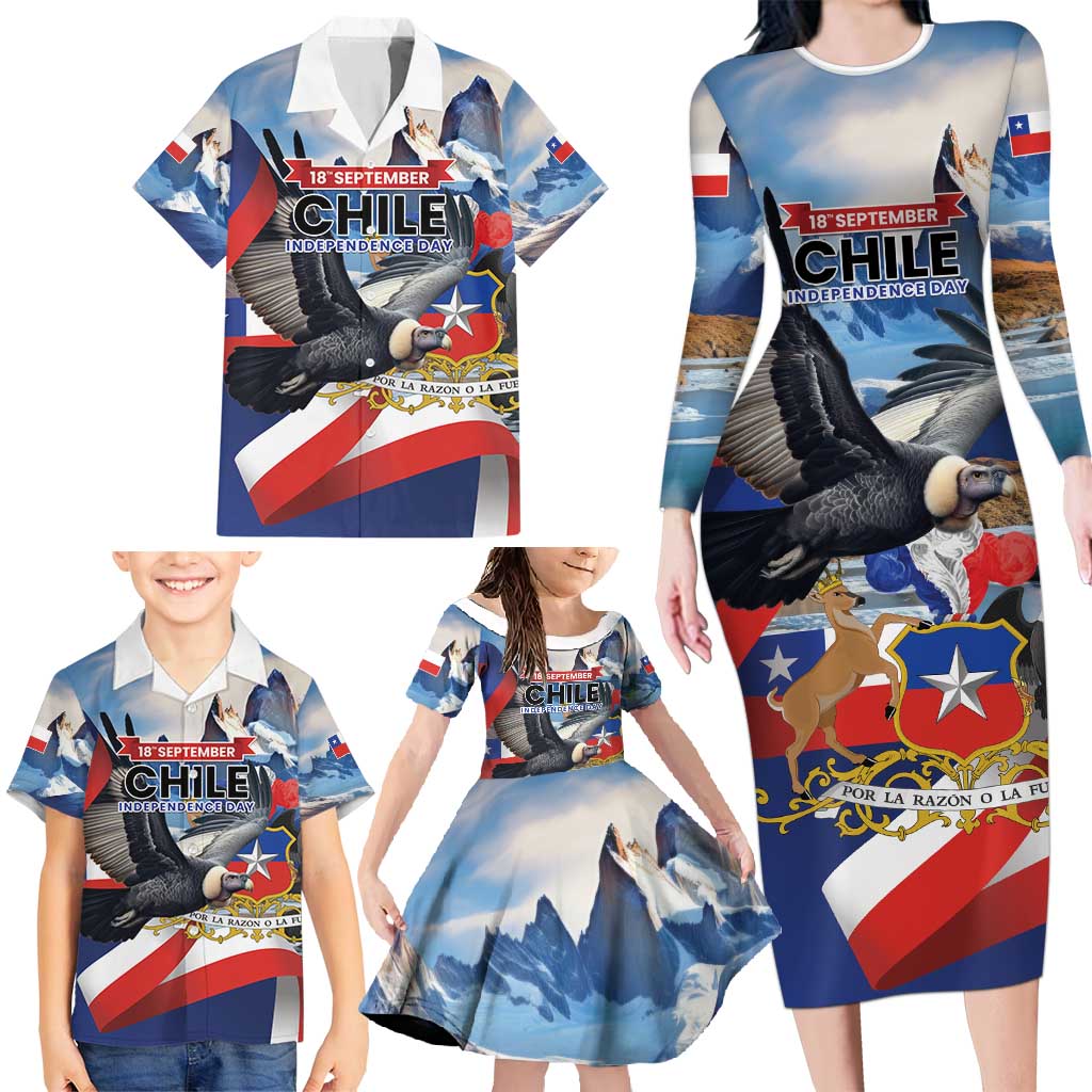 Personalized Chile Independence Day 18th September Family Matching Long Sleeve Bodycon Dress and Hawaiian Shirt Andean Condor Flying - Wonder Print Shop