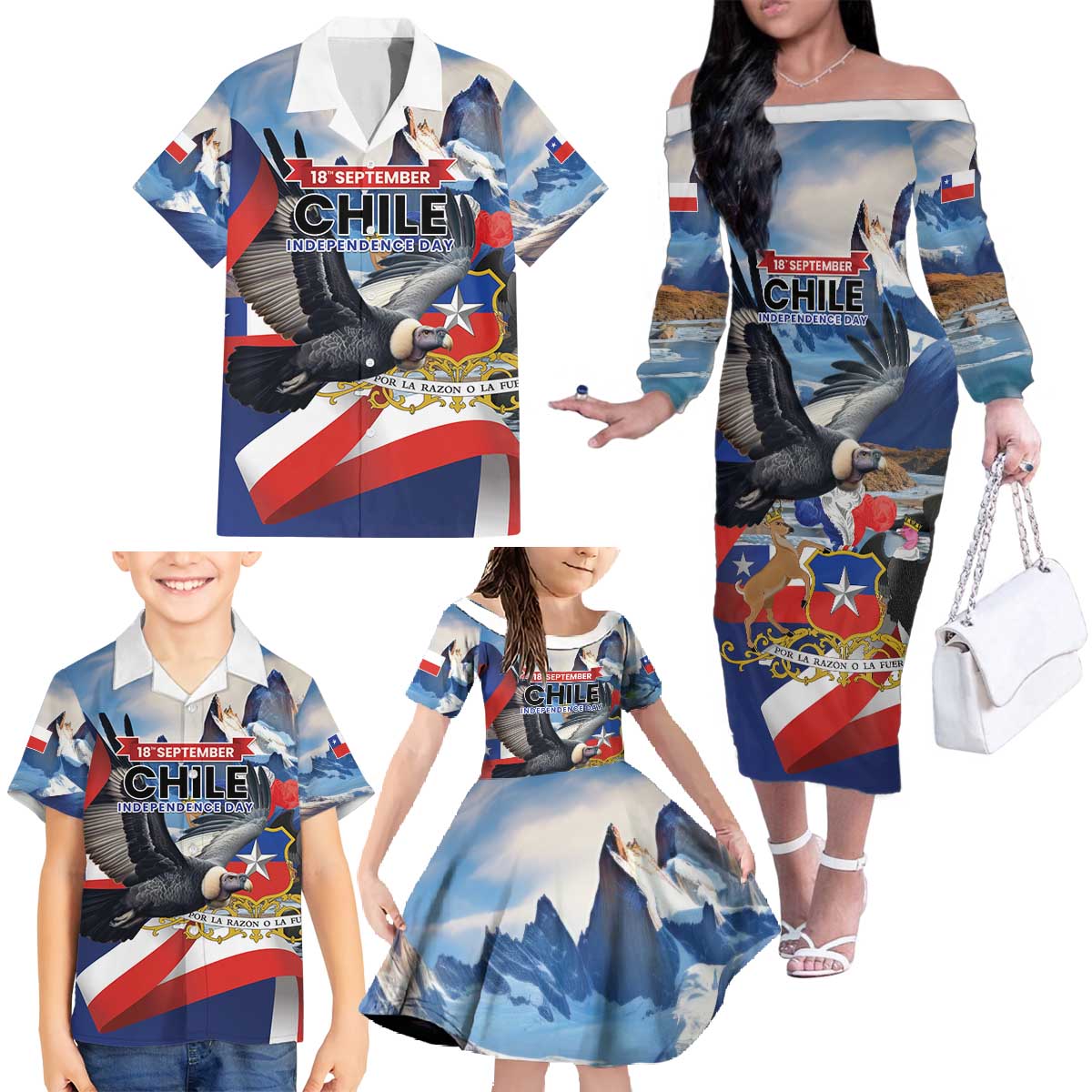 Personalized Chile Independence Day 18th September Family Matching Off The Shoulder Long Sleeve Dress and Hawaiian Shirt Andean Condor Flying - Wonder Print Shop
