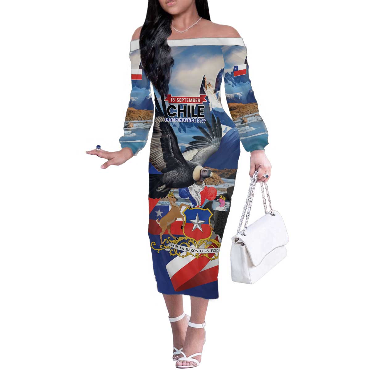 Personalized Chile Independence Day 18th September Family Matching Off The Shoulder Long Sleeve Dress and Hawaiian Shirt Andean Condor Flying - Wonder Print Shop