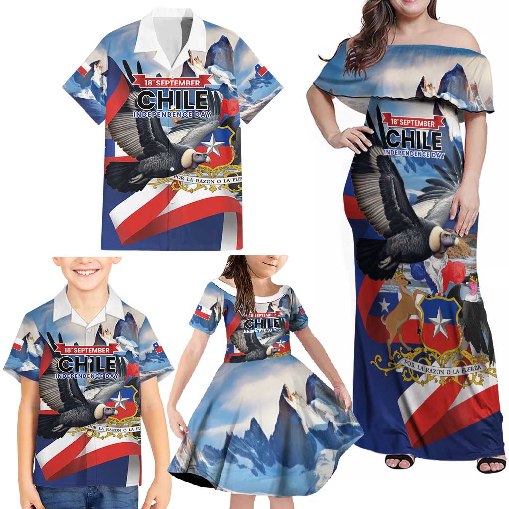 Personalized Chile Independence Day 18th September Family Matching Off Shoulder Maxi Dress and Hawaiian Shirt Andean Condor Flying - Wonder Print Shop