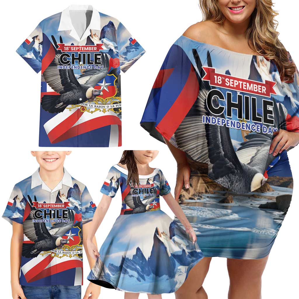 Personalized Chile Independence Day 18th September Family Matching Off Shoulder Short Dress and Hawaiian Shirt Andean Condor Flying - Wonder Print Shop