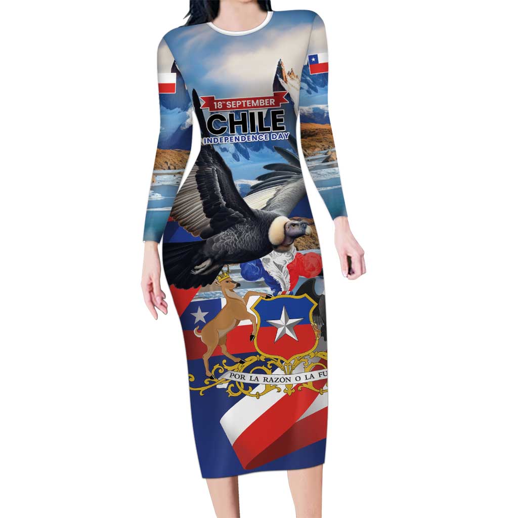 Personalized Chile Independence Day 18th September Long Sleeve Bodycon Dress Andean Condor Flying - Wonder Print Shop