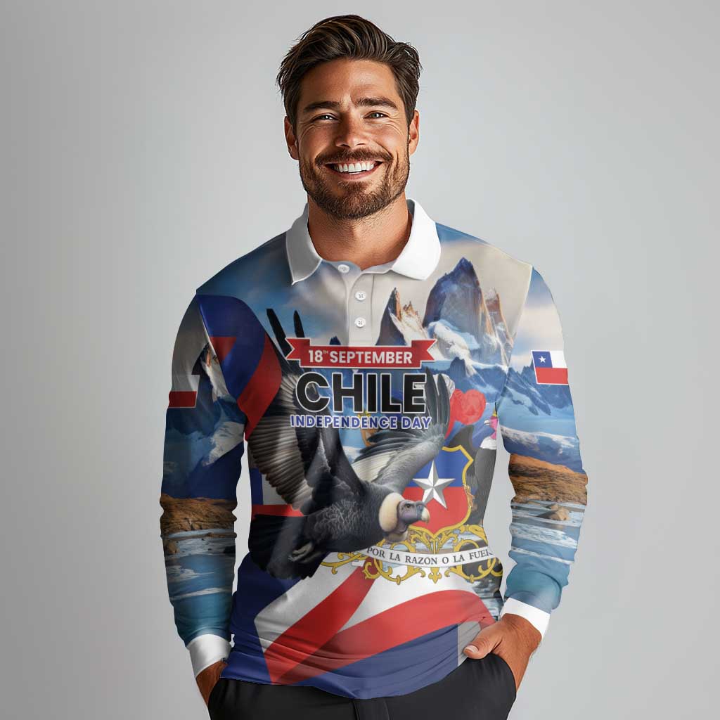 Personalized Chile Independence Day 18th September Long Sleeve Polo Shirt Andean Condor Flying - Wonder Print Shop