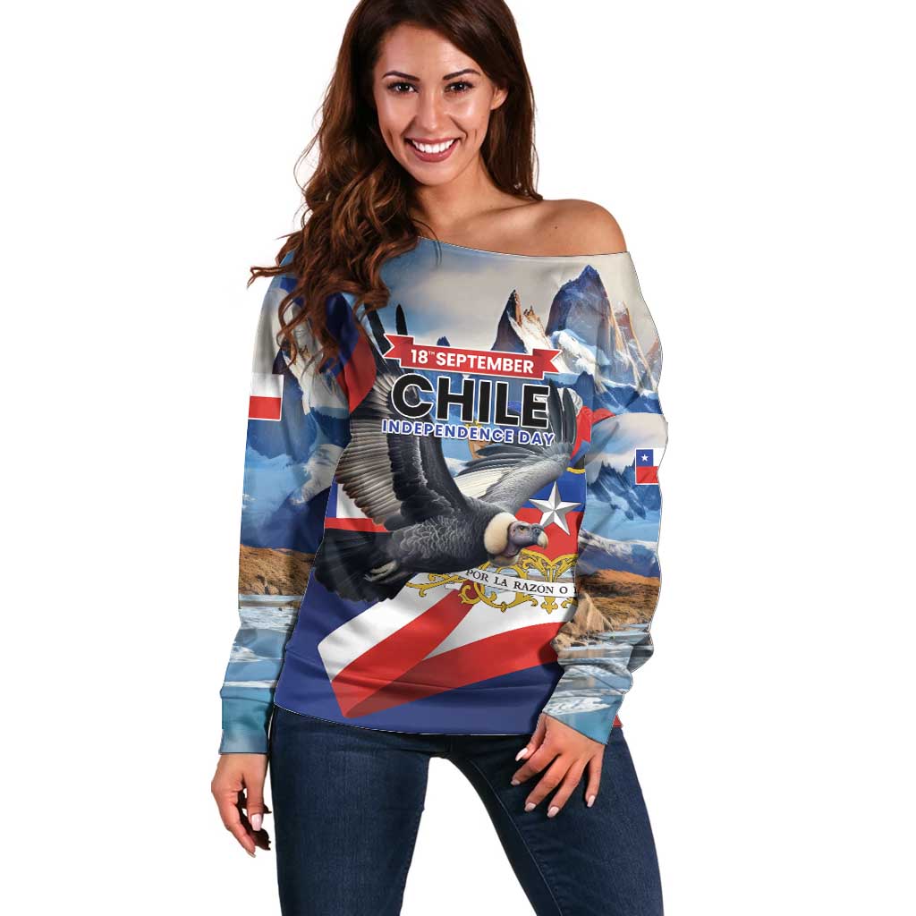 Personalized Chile Independence Day 18th September Off Shoulder Sweater Andean Condor Flying - Wonder Print Shop