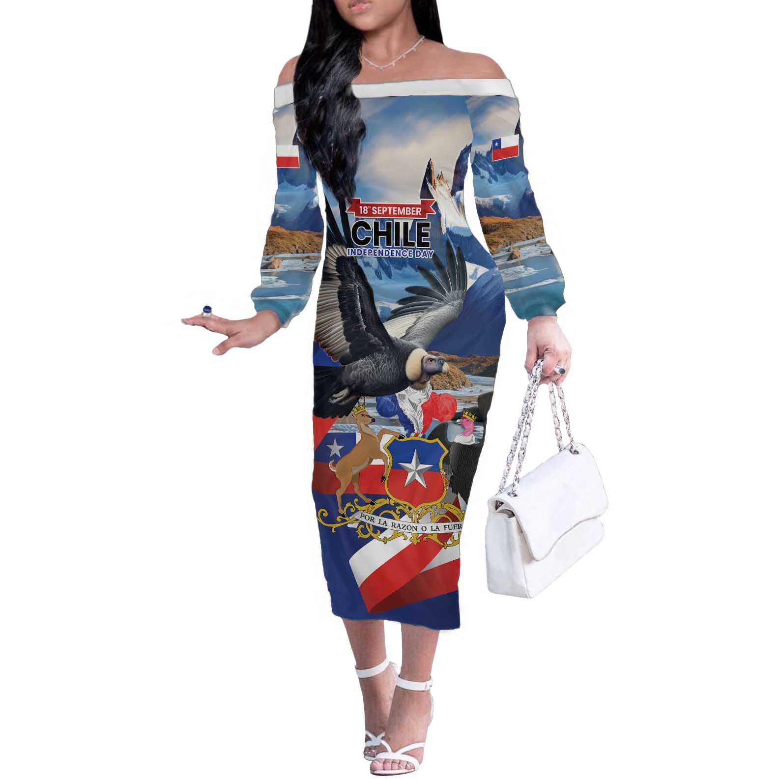Personalized Chile Independence Day 18th September Off The Shoulder Long Sleeve Dress Andean Condor Flying - Wonder Print Shop