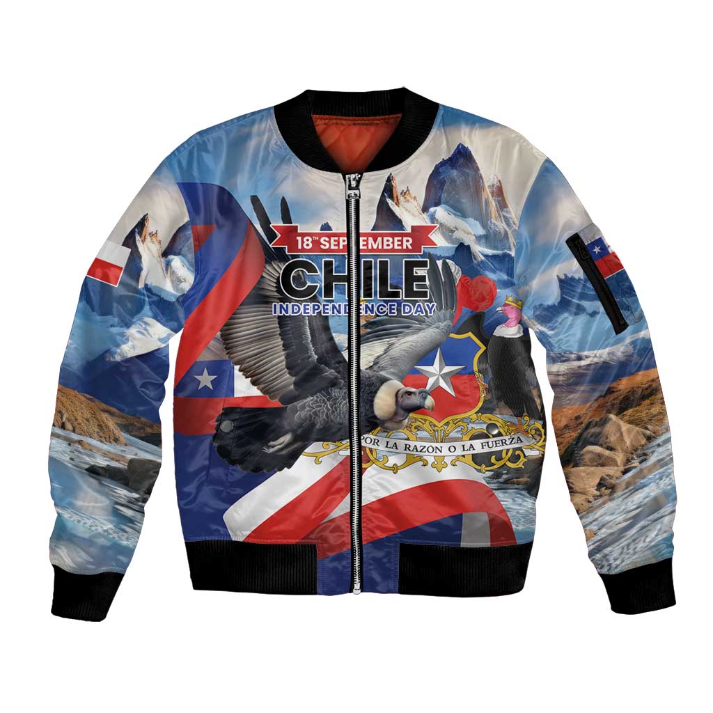 Personalized Chile Independence Day 18th September Sleeve Zip Bomber Jacket Andean Condor Flying - Wonder Print Shop