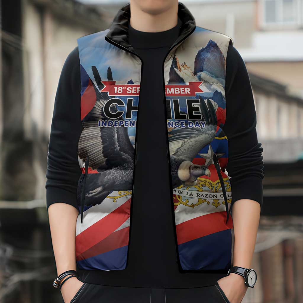 Personalized Chile Independence Day 18th September Sleeveless Puffer Jacket Andean Condor Flying - Wonder Print Shop