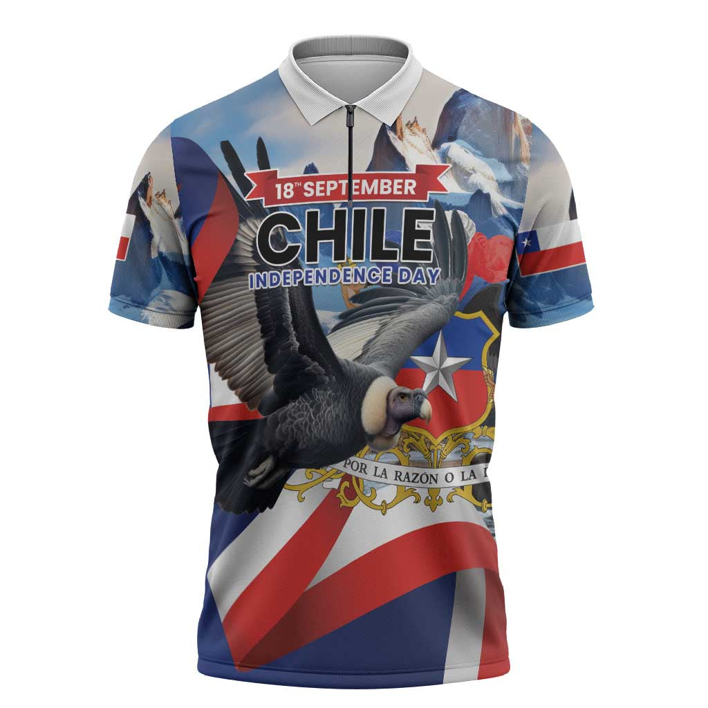 Personalized Chile Independence Day 18th September Zipper Polo Shirt Andean Condor Flying - Wonder Print Shop