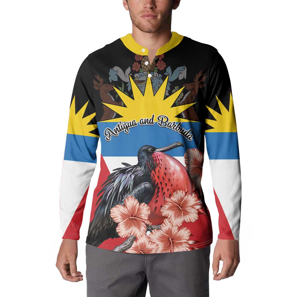 Personalized Antigua and Barbuda Button Sweatshirt Magnificent Frigatebird Hibiscus - Wonder Print Shop