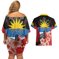 Personalized Antigua and Barbuda Couples Matching Off Shoulder Short Dress and Hawaiian Shirt Magnificent Frigatebird Hibiscus - Wonder Print Shop