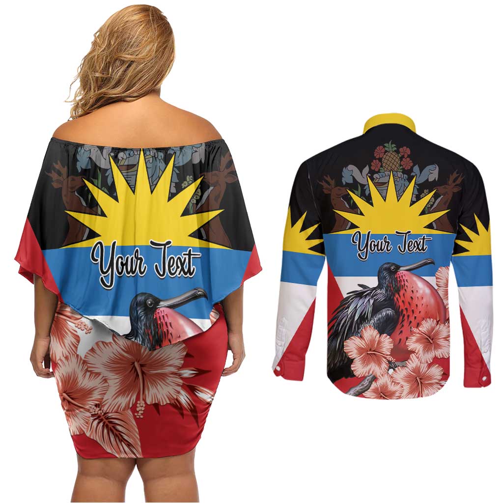 Personalized Antigua and Barbuda Couples Matching Off Shoulder Short Dress and Long Sleeve Button Shirt Magnificent Frigatebird Hibiscus - Wonder Print Shop