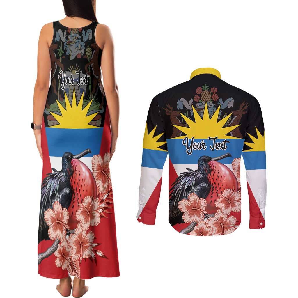 Personalized Antigua and Barbuda Couples Matching Tank Maxi Dress and Long Sleeve Button Shirt Magnificent Frigatebird Hibiscus - Wonder Print Shop