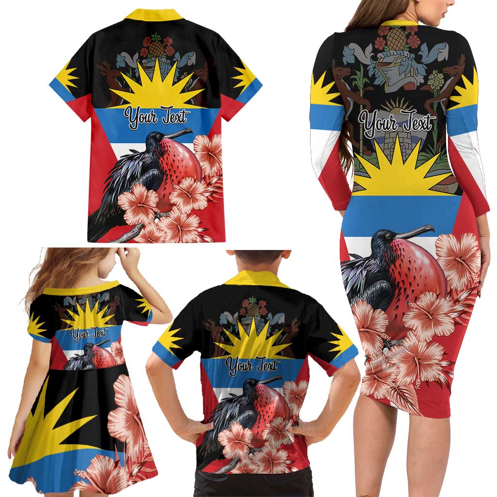 Personalized Antigua and Barbuda Family Matching Long Sleeve Bodycon Dress and Hawaiian Shirt Magnificent Frigatebird Hibiscus - Wonder Print Shop