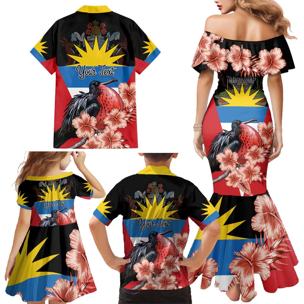 Personalized Antigua and Barbuda Family Matching Mermaid Dress and Hawaiian Shirt Magnificent Frigatebird Hibiscus - Wonder Print Shop