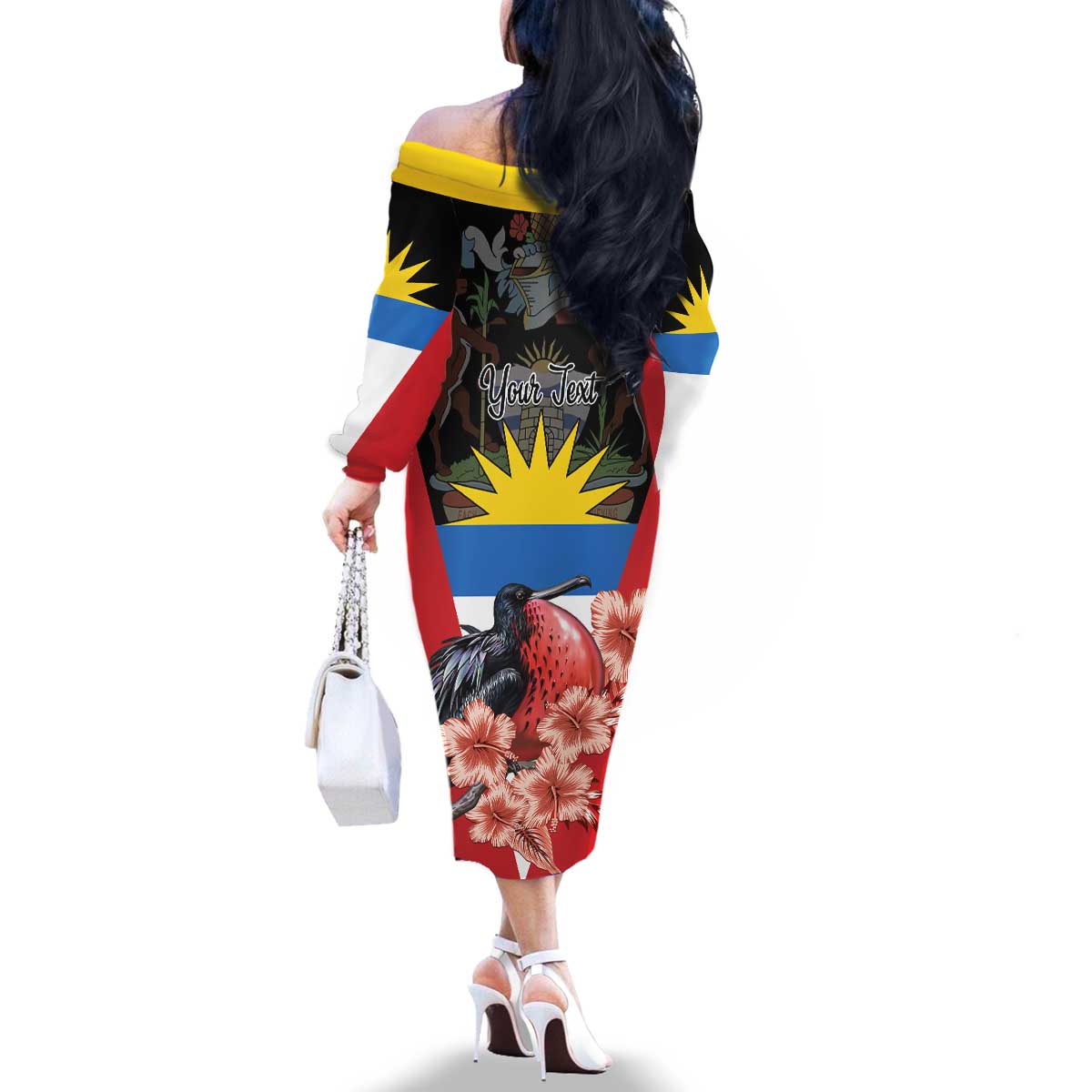 Personalized Antigua and Barbuda Family Matching Off The Shoulder Long Sleeve Dress and Hawaiian Shirt Magnificent Frigatebird Hibiscus - Wonder Print Shop