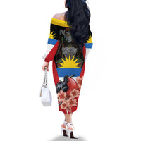 Personalized Antigua and Barbuda Family Matching Off The Shoulder Long Sleeve Dress and Hawaiian Shirt Magnificent Frigatebird Hibiscus - Wonder Print Shop