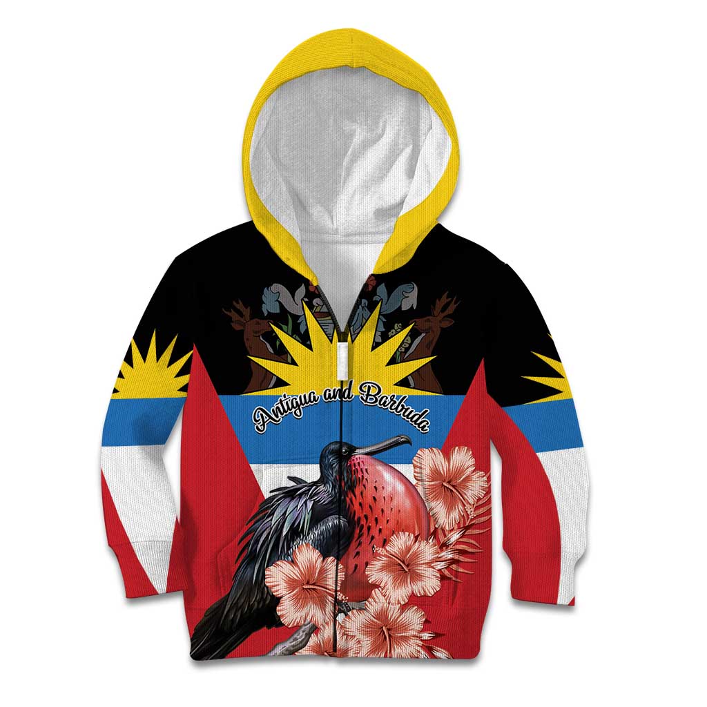 Personalized Antigua and Barbuda Kid Hoodie Magnificent Frigatebird Hibiscus - Wonder Print Shop