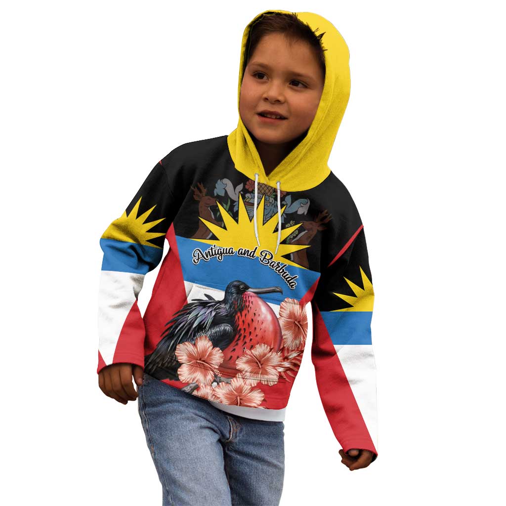 Personalized Antigua and Barbuda Kid Hoodie Magnificent Frigatebird Hibiscus - Wonder Print Shop