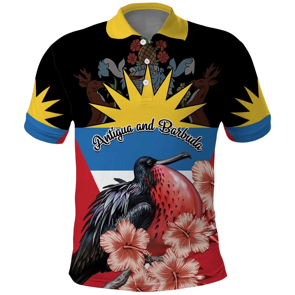 Personalized Antigua and Barbuda Polo Shirt Magnificent Frigatebird Hibiscus - Wonder Print Shop