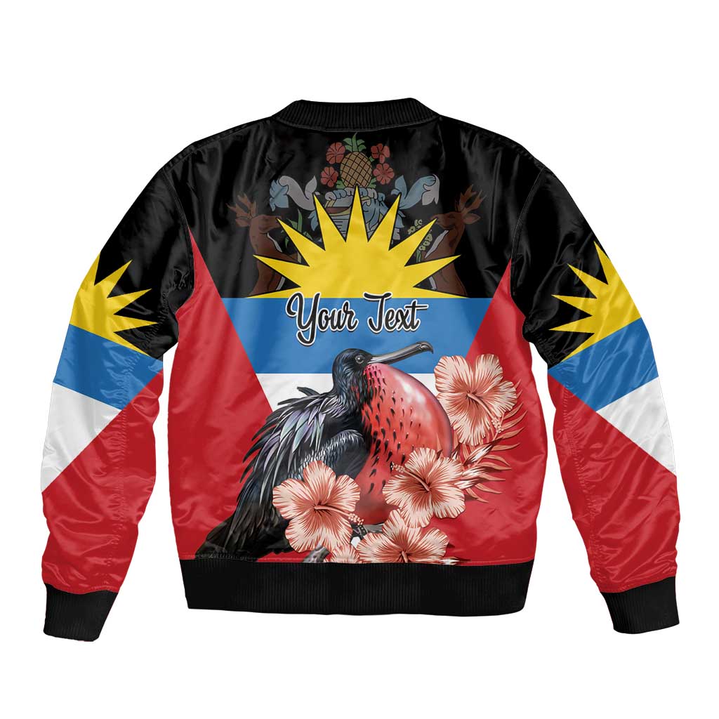 Personalized Antigua and Barbuda Sleeve Zip Bomber Jacket Magnificent Frigatebird Hibiscus - Wonder Print Shop