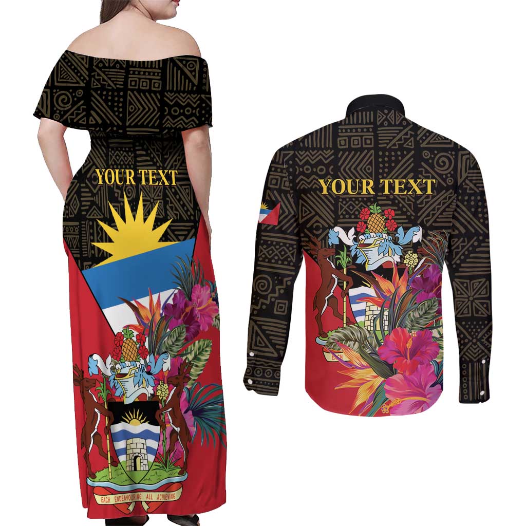 Personalized Antigua and Barbuda Couples Matching Off Shoulder Maxi Dress and Long Sleeve Button Shirt Fallow Deer Tropical Bouquet - Wonder Print Shop