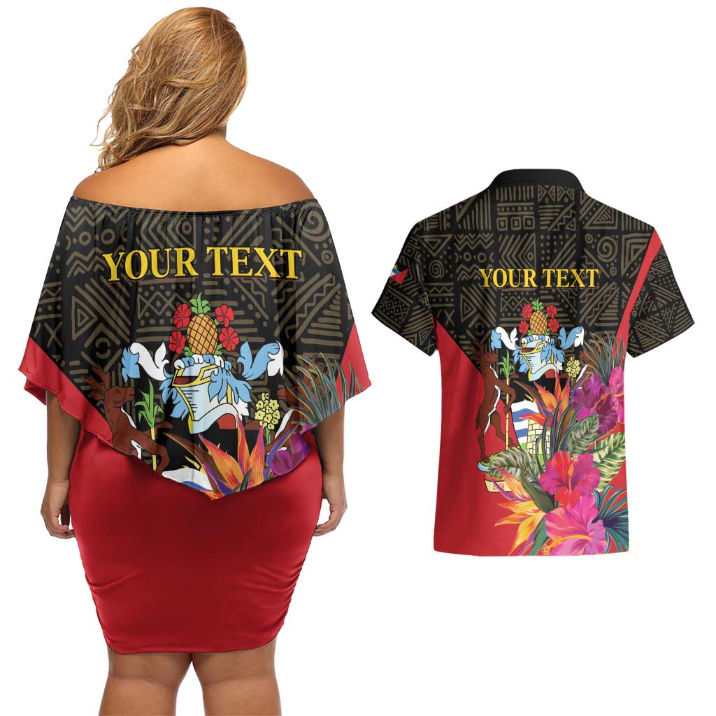 Personalized Antigua and Barbuda Couples Matching Off Shoulder Short Dress and Hawaiian Shirt Fallow Deer Tropical Bouquet - Wonder Print Shop