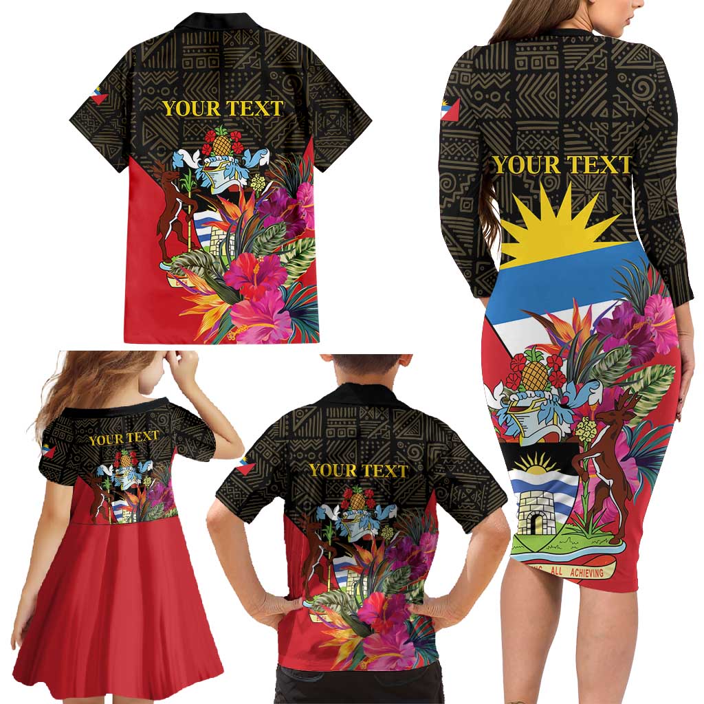 Personalized Antigua and Barbuda Family Matching Long Sleeve Bodycon Dress and Hawaiian Shirt Fallow Deer Tropical Bouquet - Wonder Print Shop